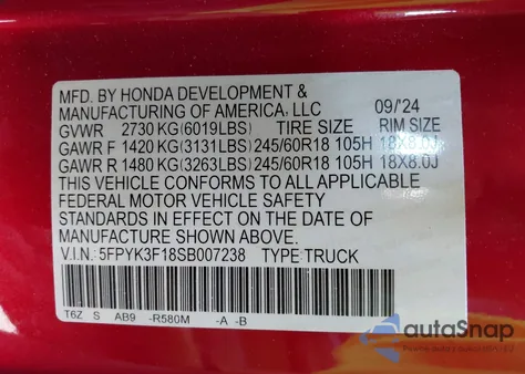 2025 Honda Ridgeline Sport from USA, damaged, VIN 5FPYK3F18SB007238